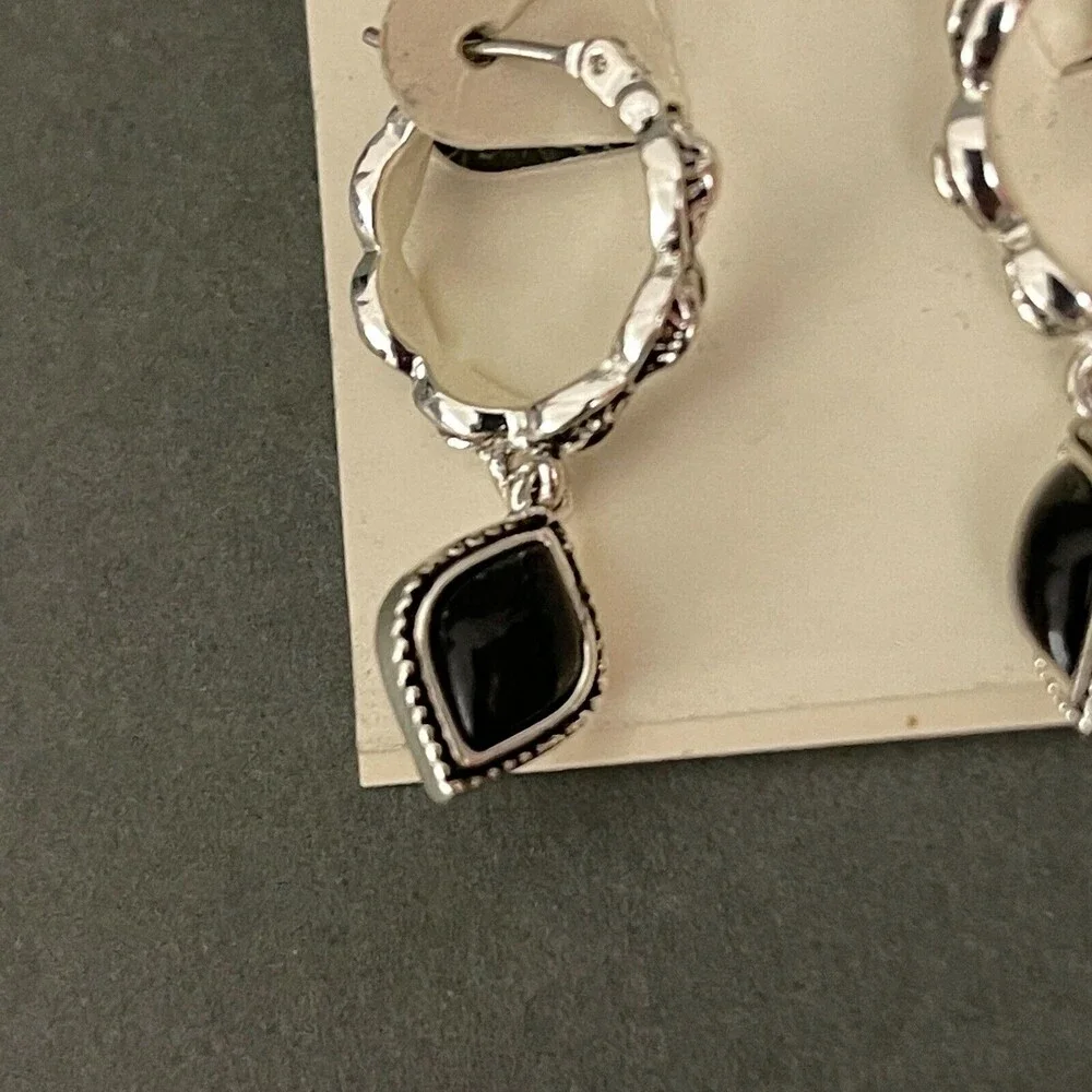 Napier Silver-tone Black Stone Women's Fashion Hoop Dangling Earrings NWT